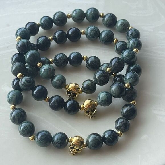 Kambaba skull crystal stone ONE NEW stretch bracelet green black handmade medita - Picture 3 of 9
